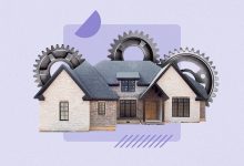 Illustrated collage featuring gears behind a house