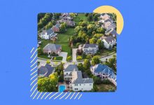 Illustrated collage featuring an aerial view of suburban homes
